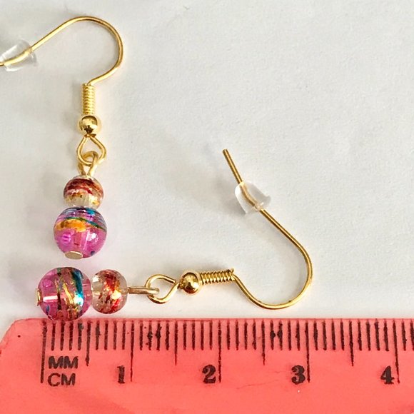 Pink Aqua Blue Murano Glass Earrings Bead Hand Painted Round Gold Plated Dangle - Picture 13 of 13